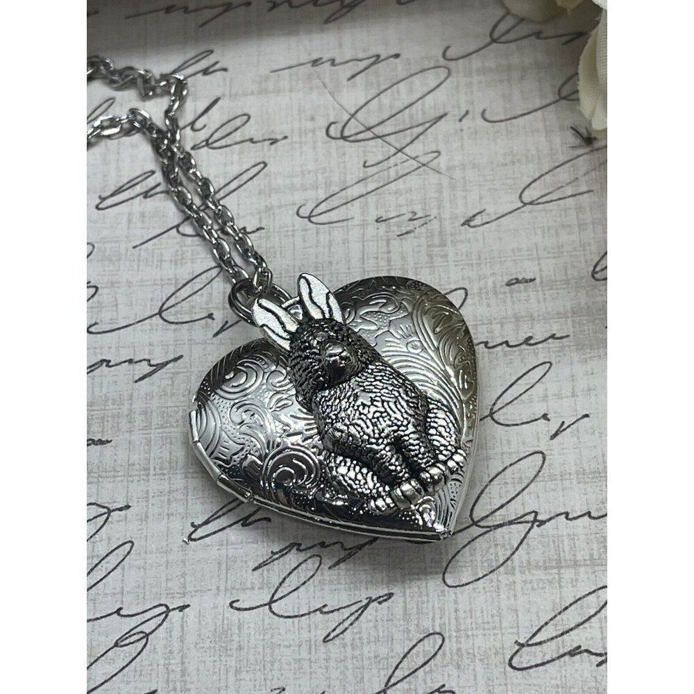 Heart SILVER BUNNY RABBIT Locket Necklace JEWELRY Pendant PHOTO Picture CAMEO